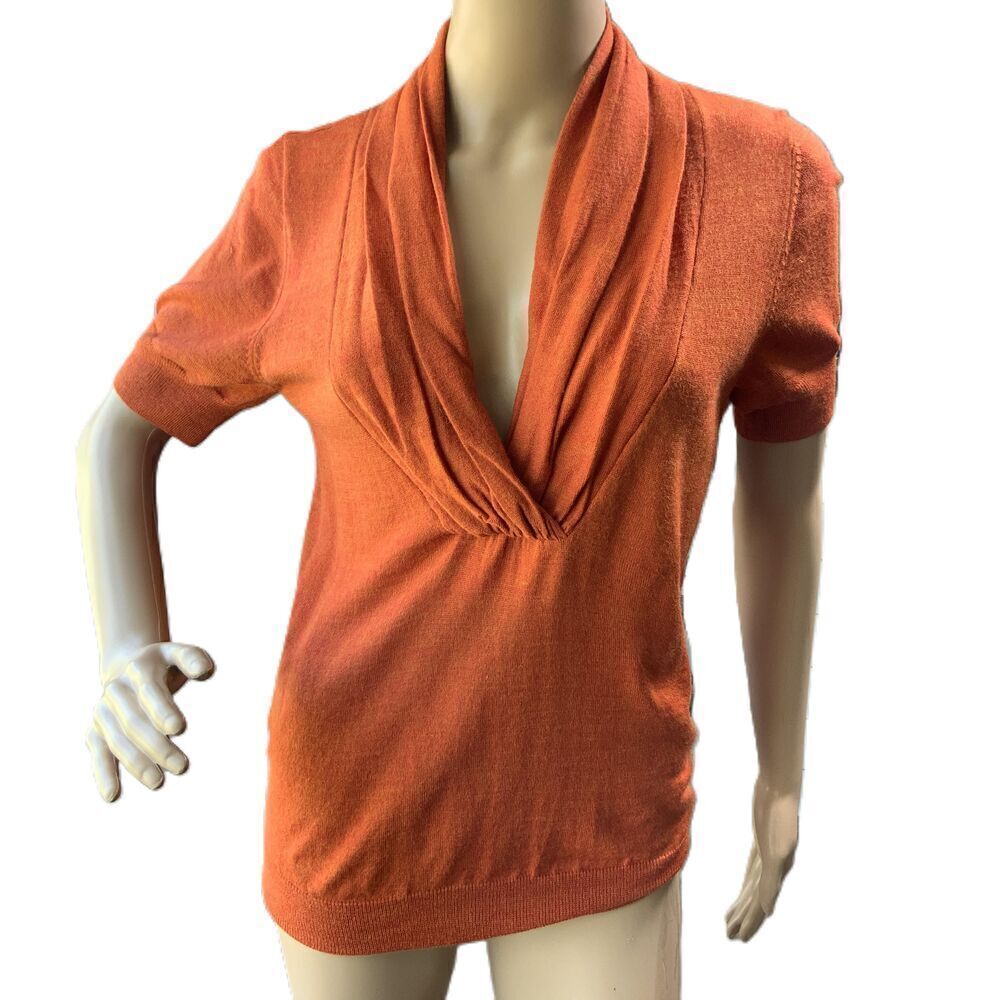 The Limited Orange Merino Wool Draped Deep V Neck Short Sleeve Blouse Size Small